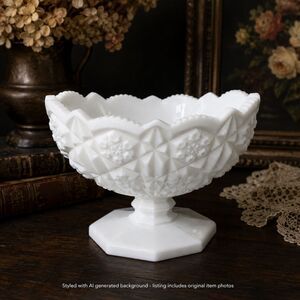 Vintage Kemple Milk Glass Bowl Toltec Pedestal Compote Table Centerpiece 8.5"